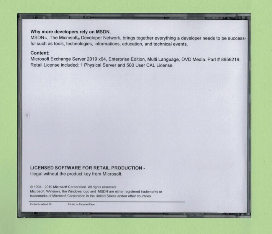 Microsoft Exchange Server 2019 Enterprise w Retail 500 CALs, New, Multilanguage