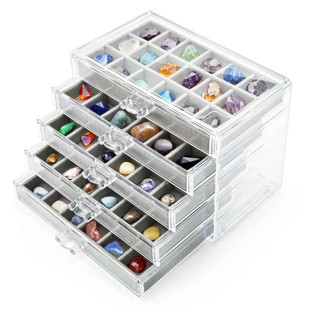 Jucoan Clear Acrylic Rock Display Case, 5 Layer 90 Grids