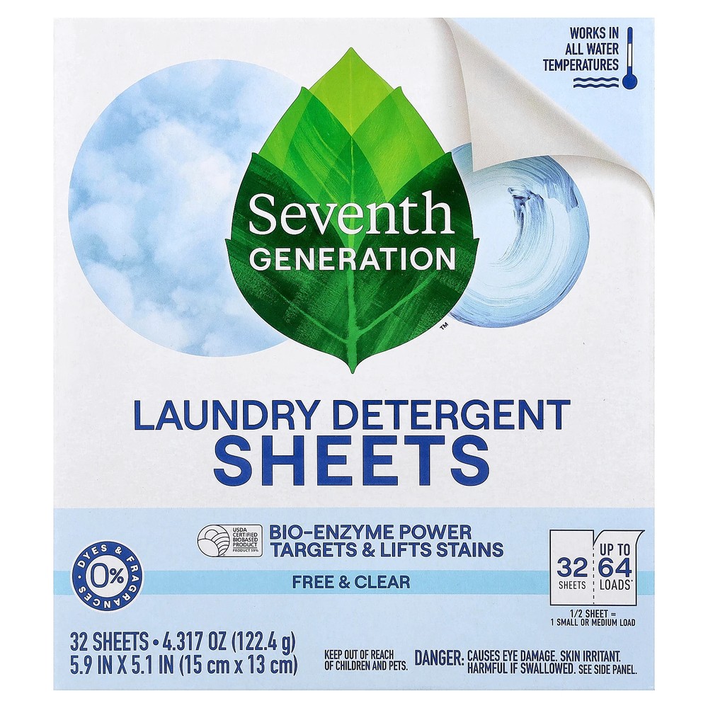 Laundry Detergent Sheets, Free & Clear, 32 Sheets, 4.317 oz (122.4 g)
