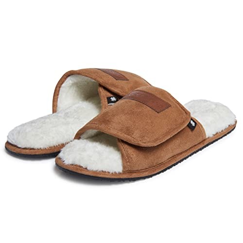 Mens Microsuede Memory Foam Open Toe Slippers, Cool Adjustable Large Tan/White