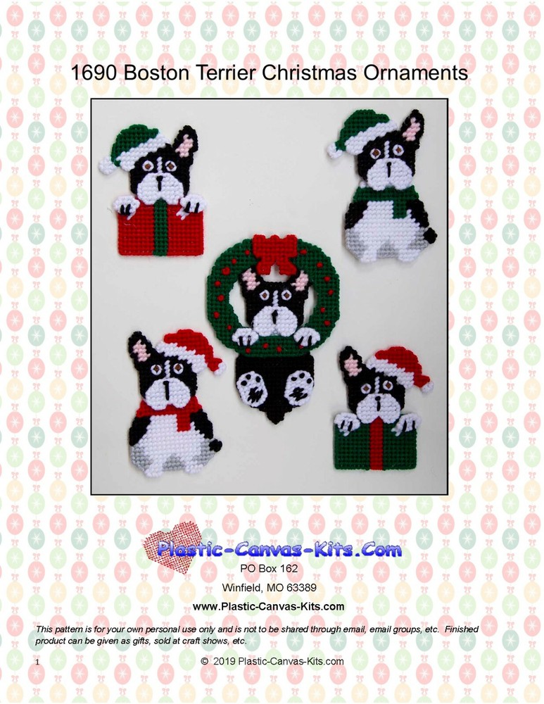 Boston Terrier Dog Christmas Ornaments- Plastic Canvas Pattern or Kit