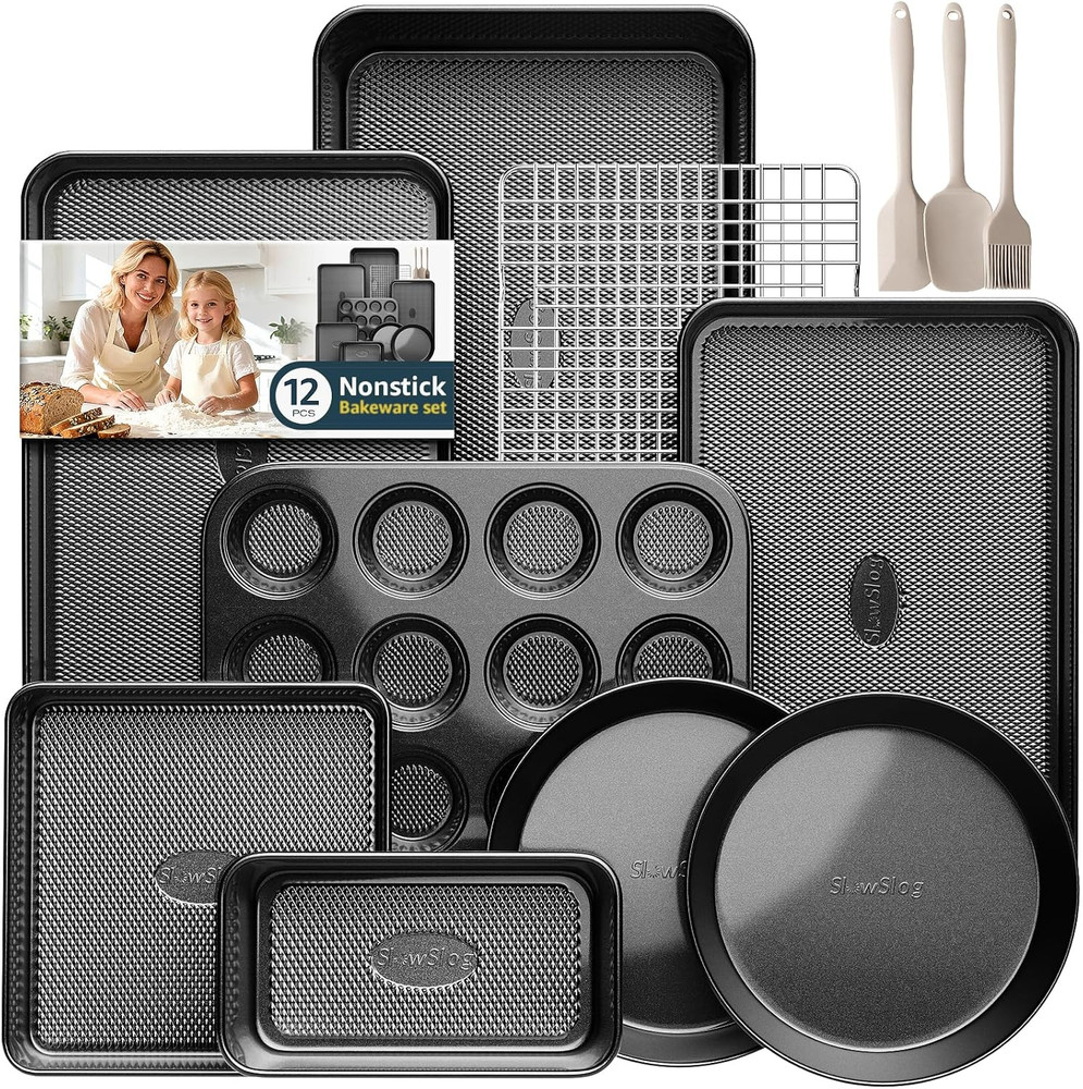 12-Piece Nonstick Bakeware Set, Stackable Non Toxic Baking Pans Set with Rack &