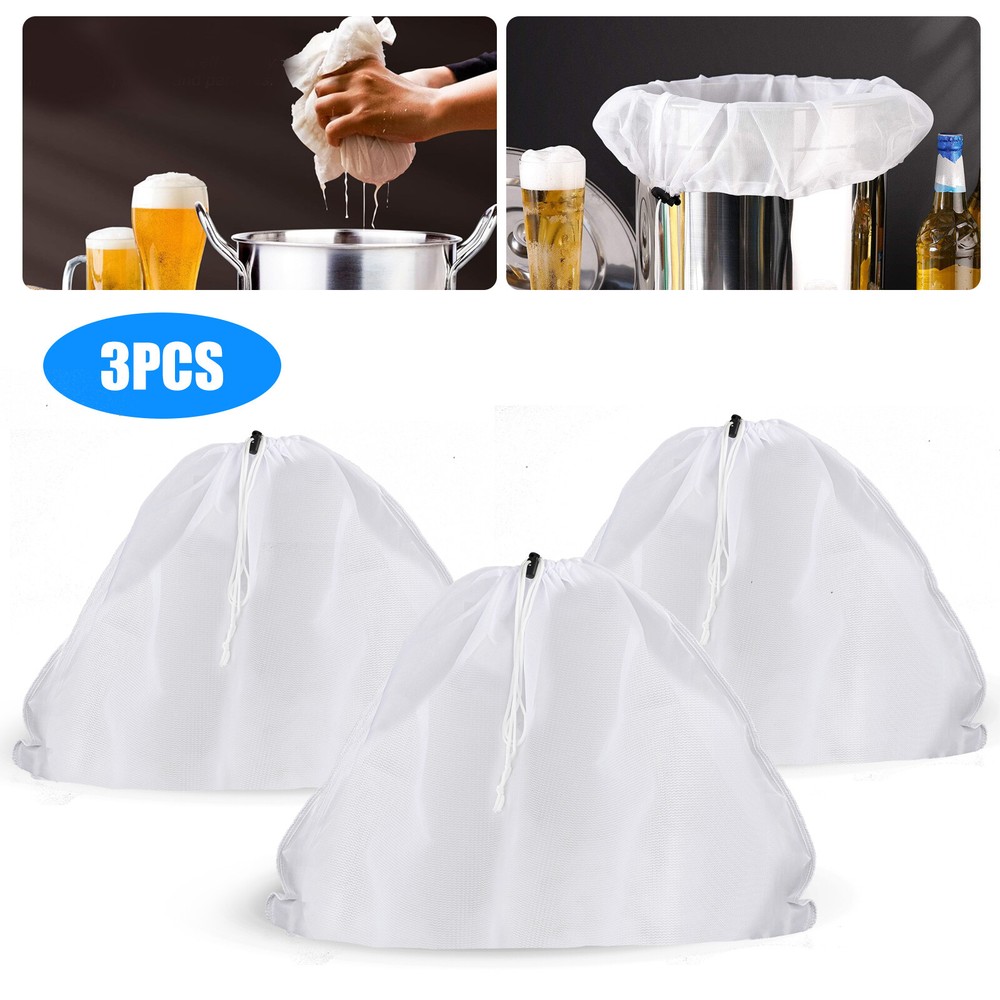 3pcs Brew Bag Reusable Fine Mesh Food Strainer Wine Beer Press Drawstring Filter