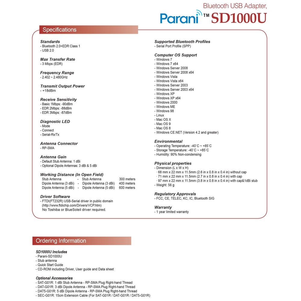 SENA Parani SD1000U Wireless Class1 Type Adapter 300M USB Interface