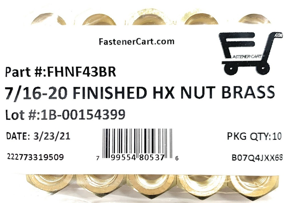 (10) 7/16-20 Brass Finished Hex Nuts - Fine Thread - Solid Brass (10 Pieces)