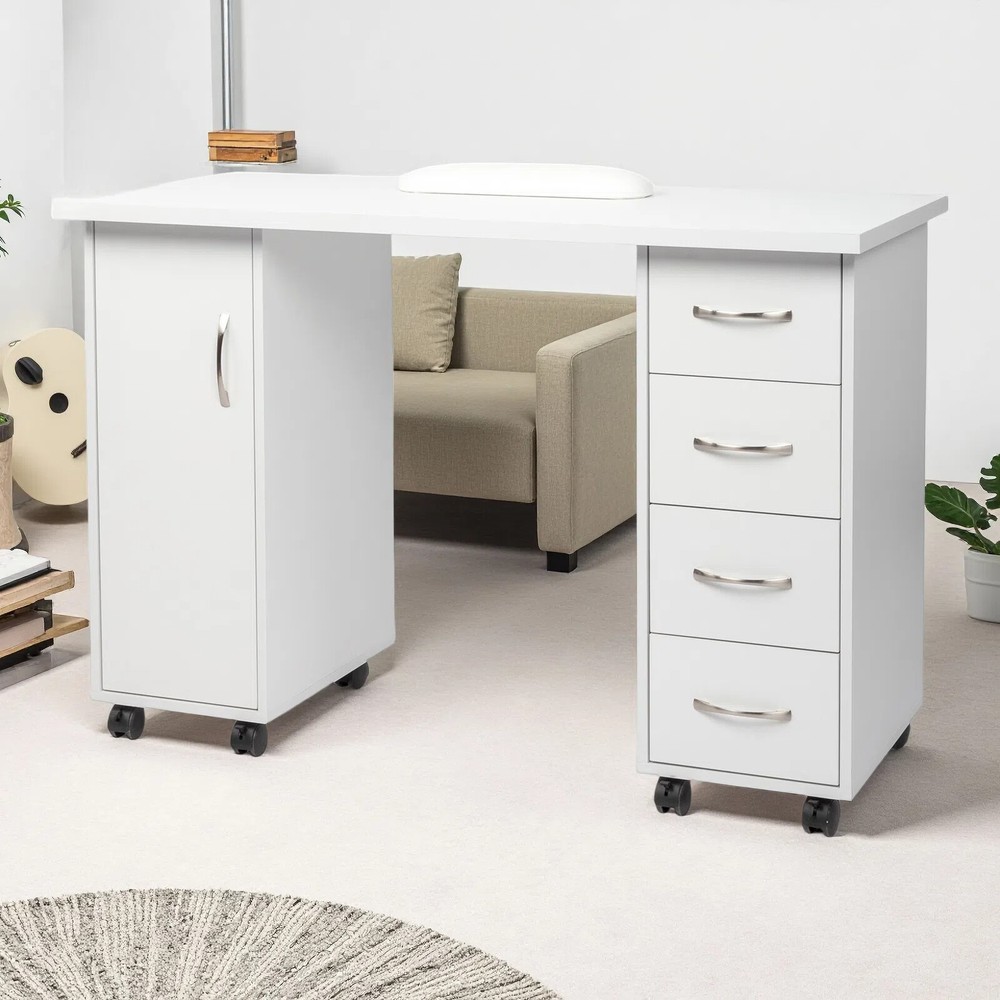 Rolling Computer Desk - White, 4-Drawer, Shelves Storage & MDF ​Nail Table​