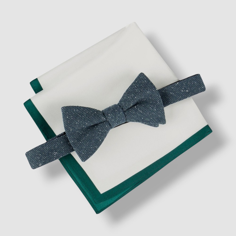 Tommy Hilfiger Men Green Donegal Textured Bow Tie & Solid Pocket Square Set