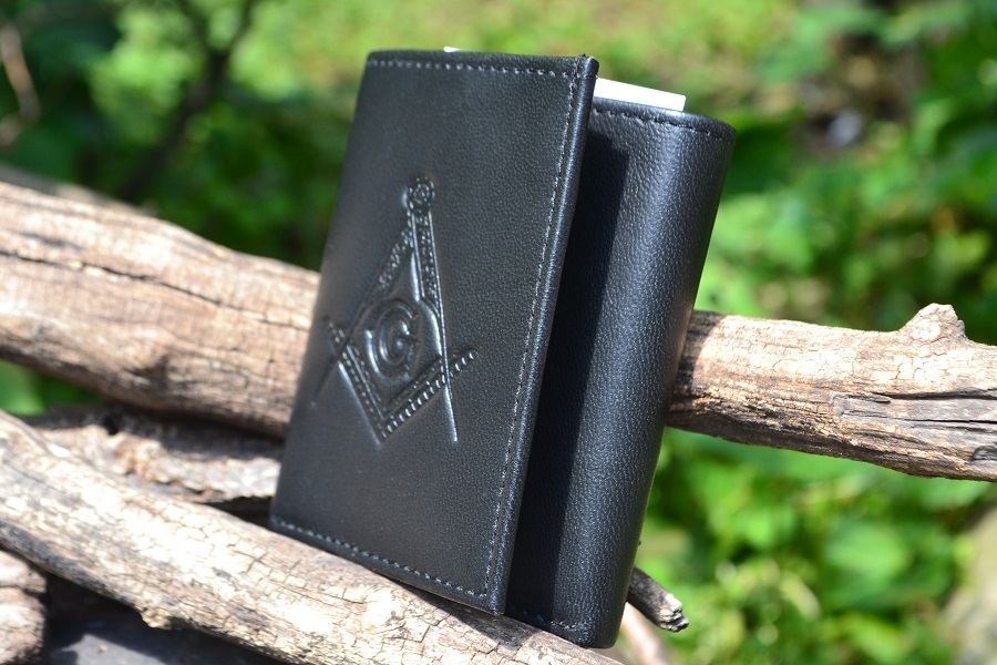 Masonic Black Leather Tri-Fold Wallet - RFID Protected - Square and Compasses