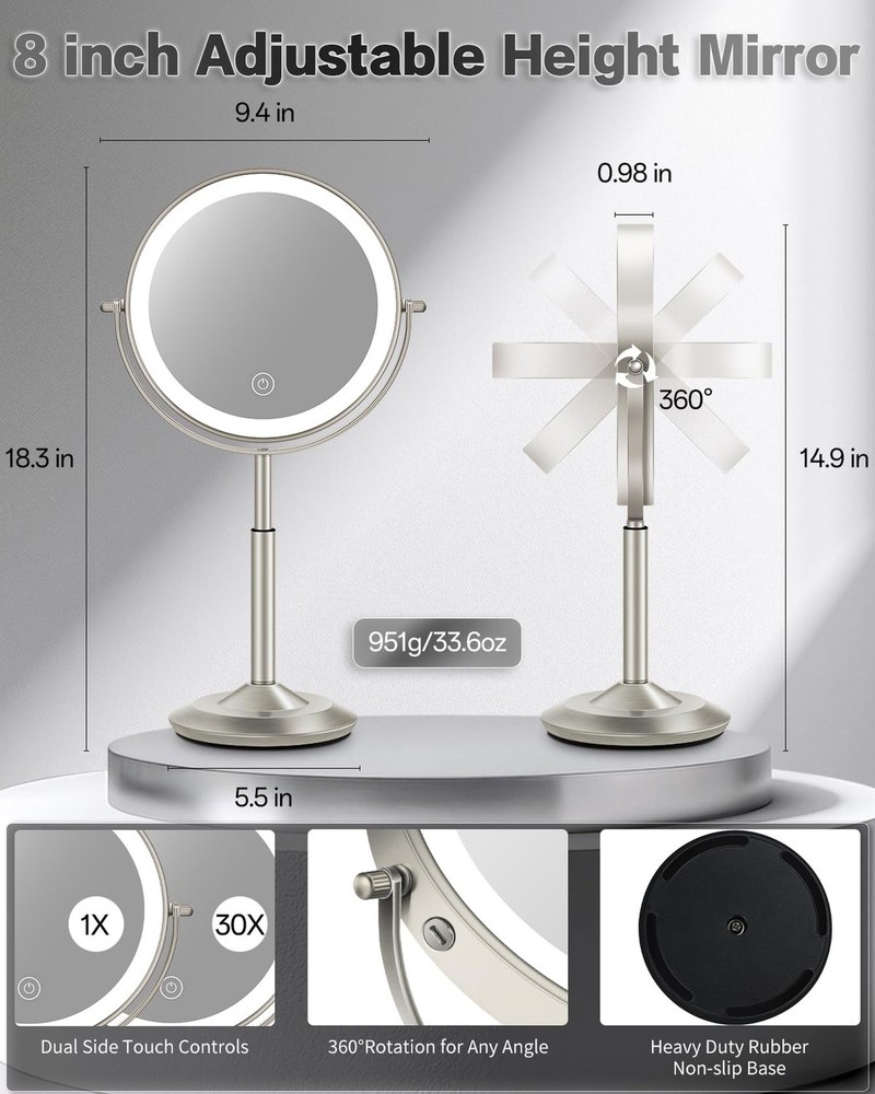 VFD 30X/1X Makeup Mirror with Lights, Height Adjustable Lighted Magnifying Va...