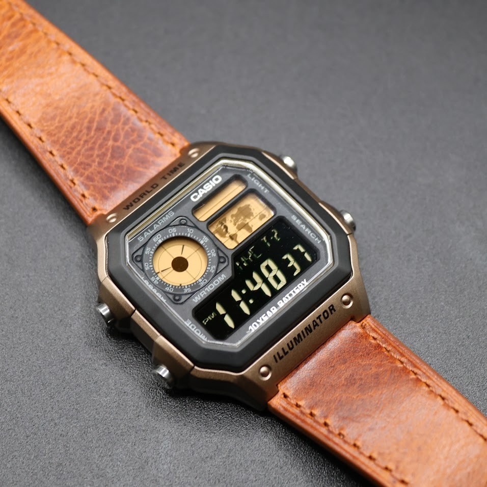 CASIO AE-1200WHD. Royale Watch Mod. Gold Filter. Leather Strap. Negative Display