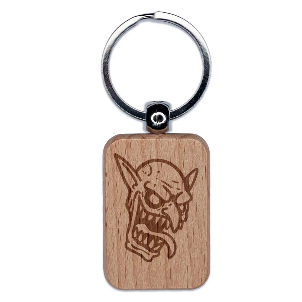 Evil Smiling Goblin Face Engraved Wood Rectangle Keychain Tag Charm