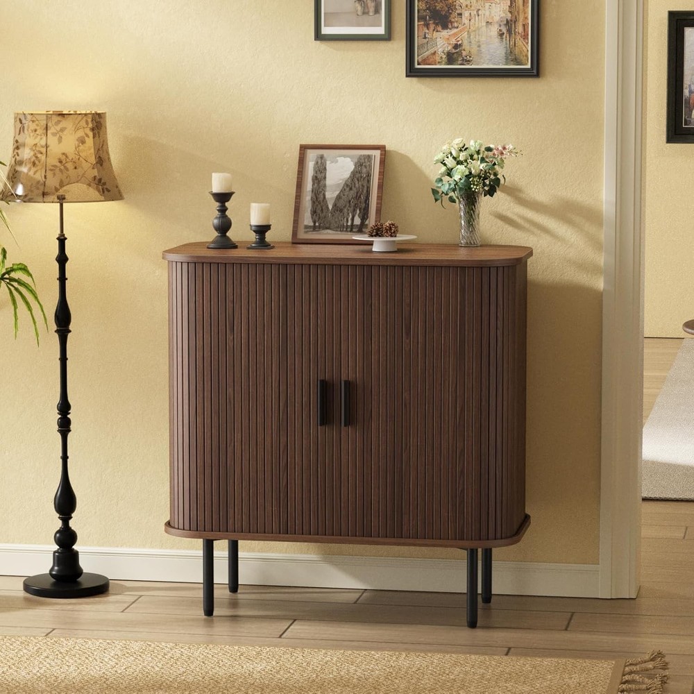 31''W Walnut Fluted Buffet Sideboard Cabinet with Stora, Small Coffee