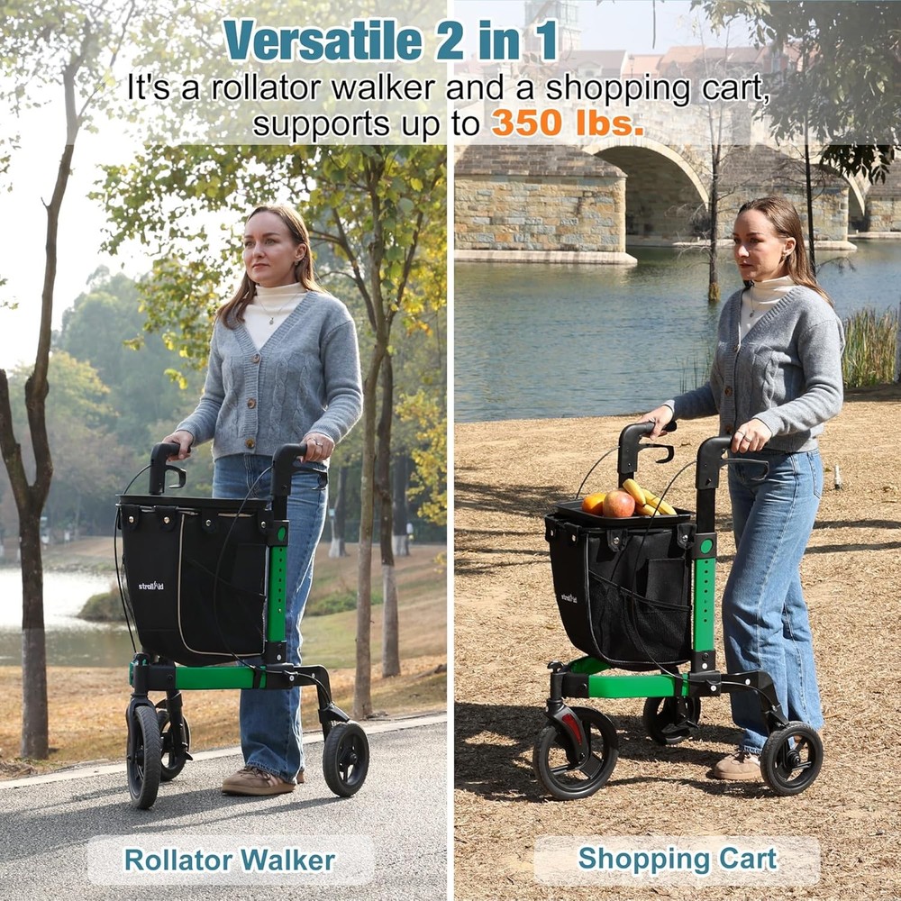 Rollator Walker All Terrain 10“Front 3 Wheel w/ Tray&Large Storage Bag Foldable