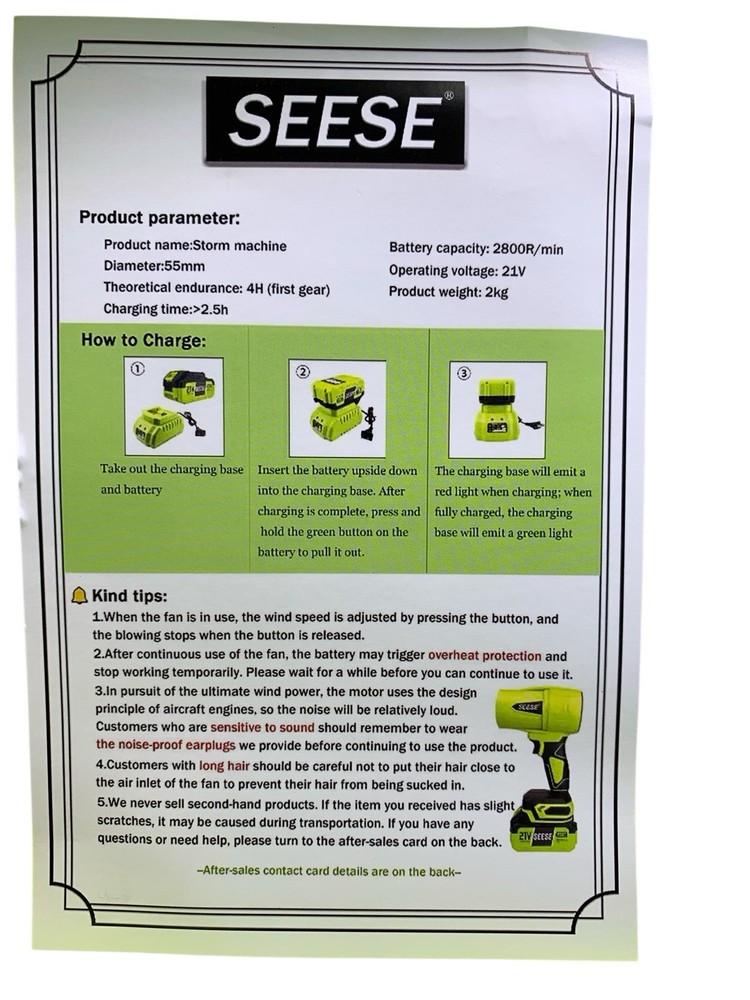 Seese Cordless storm machine - handheld leaf blower & battery & charger & Case