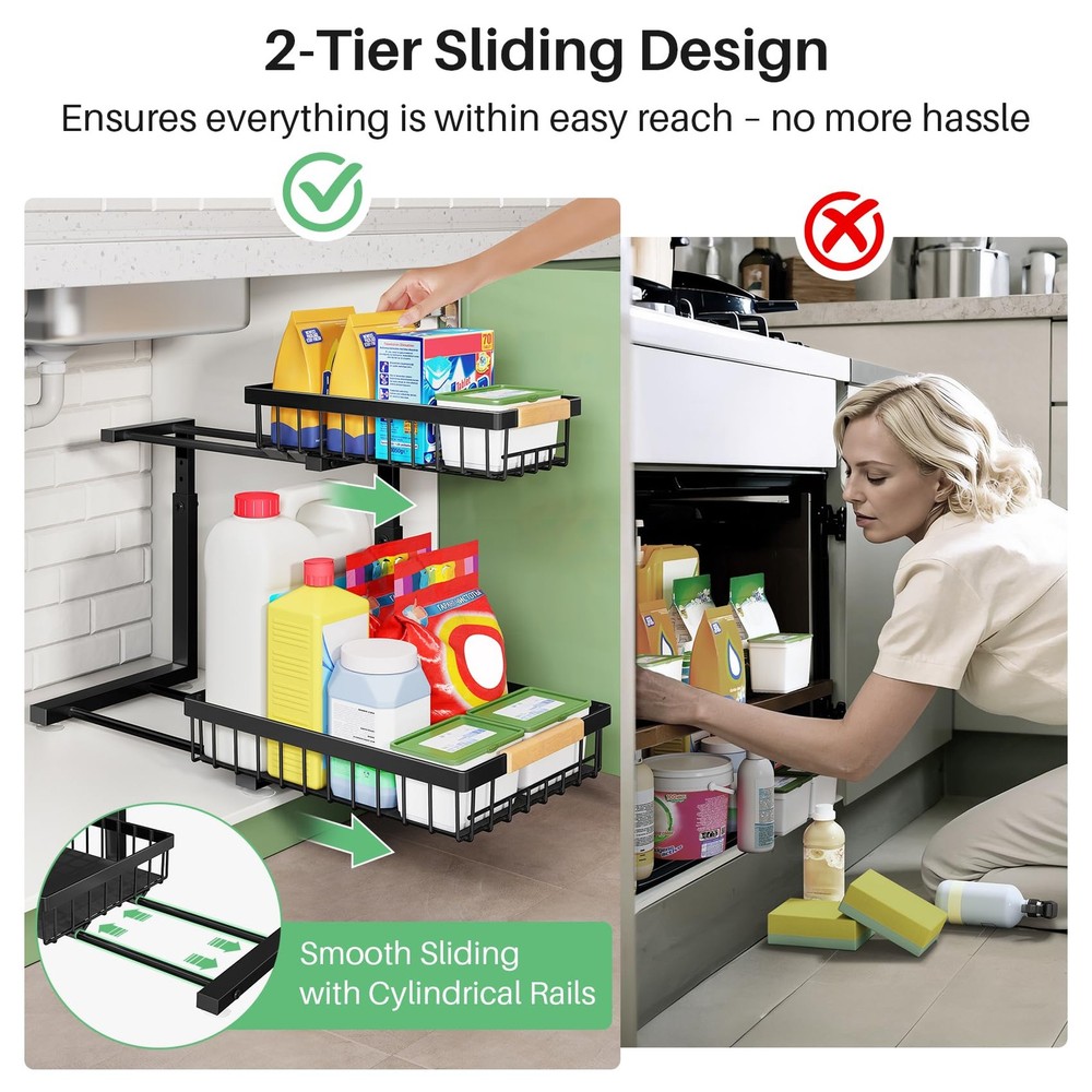 Kitstorack Under Sink Organizer, 2 Tier the Storage, 2 Pack, Black