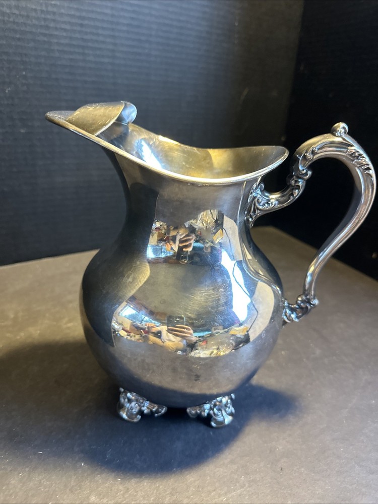 Vintage Silverplate Pitcher Ornate Handle Footed 9” Decorative #R86