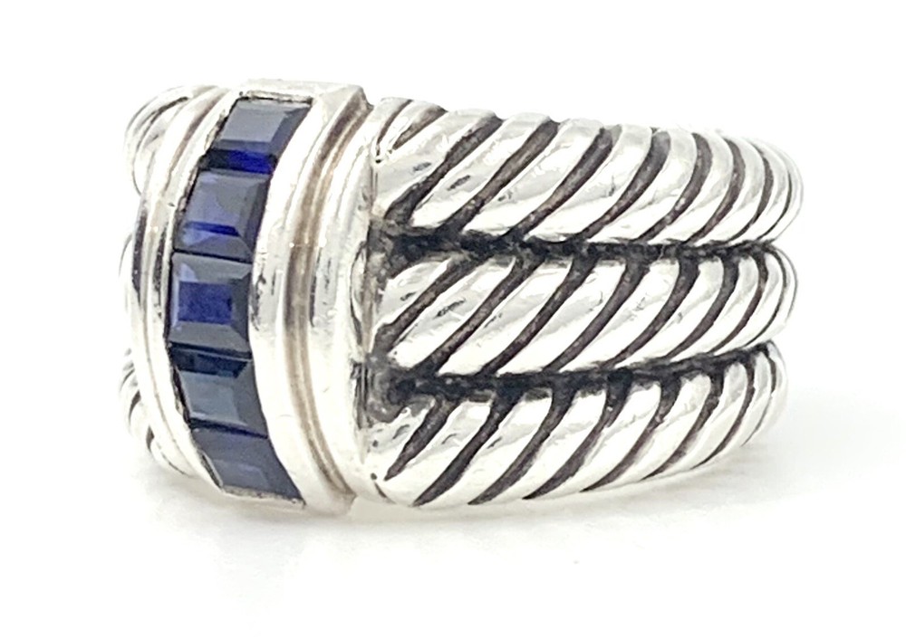 Mens Large Triple Stack Cable Sterling Silver Sapphire Ring Sz 12.5