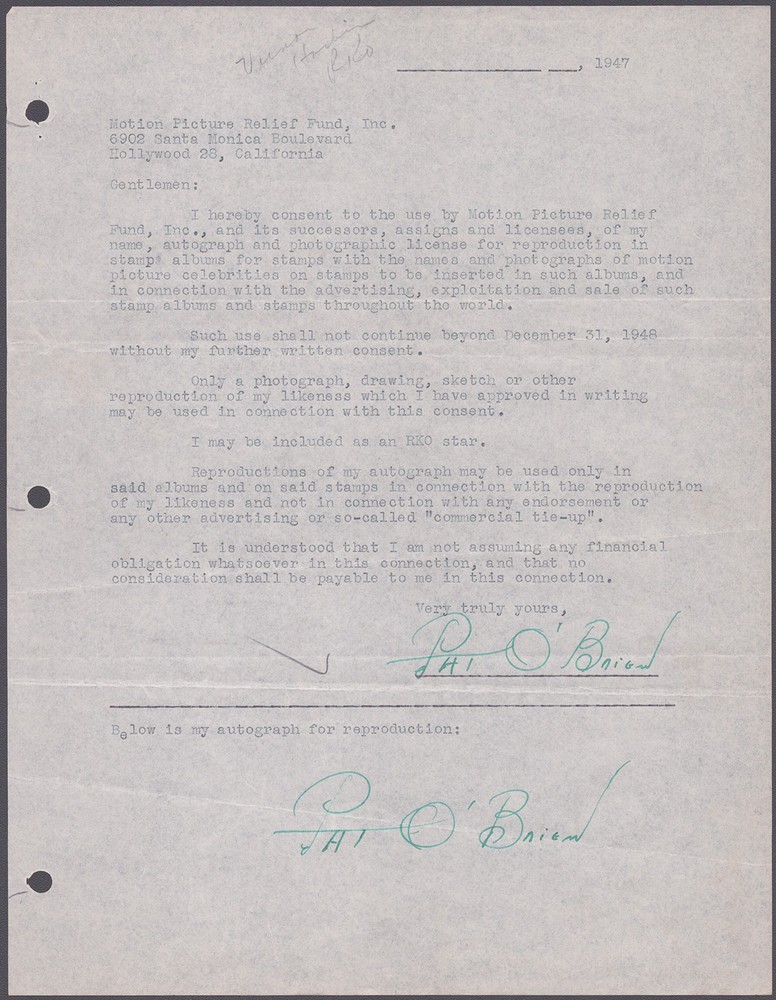 PAT O''BRIEN - DOCUMENT DOUBLE SIGNED CIRCA 1947