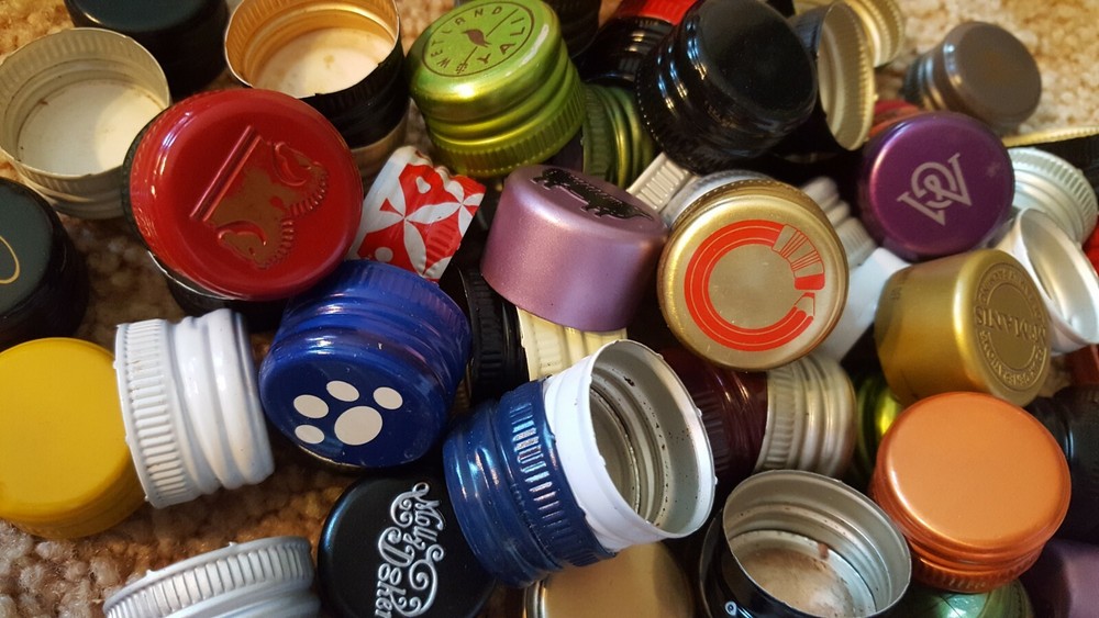 100 Used Recycled Wine Screw Caps with Various Designs Some Solid Colored