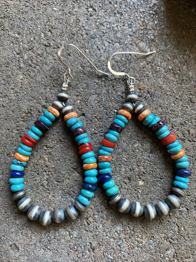 Sterling Silver Multi Stone W Pearls Bead Loop Earrings.
