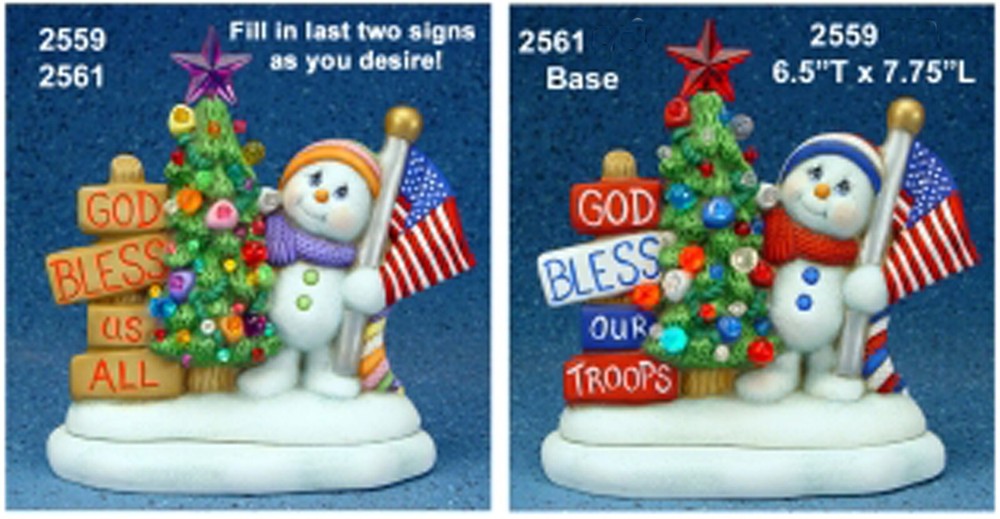 God Bless ____ ____ Snowman with Tree & Base Light Ceramic Bisque Ready to Paint