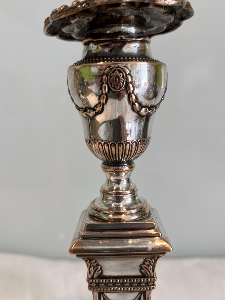 2 Early 19thc Antique Silver Plated Classical Themed Candlesticks