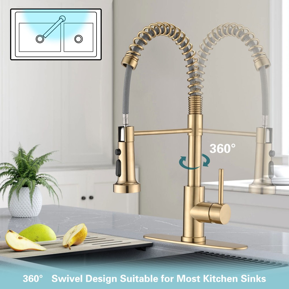 RENIST Brushed Gold Pull Down Single Handle Spring Kitchen Sink Faucet