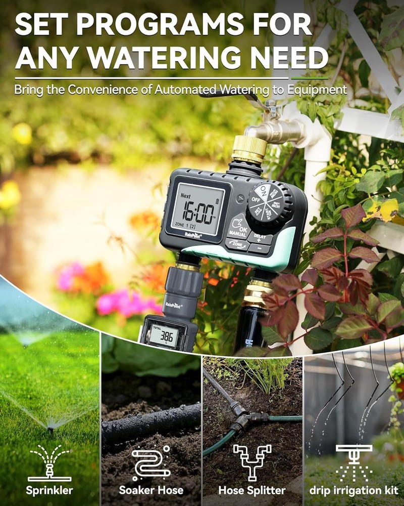 Compact 2 Zone Water Hose Timer with Manual Watering and Rain Delay Features