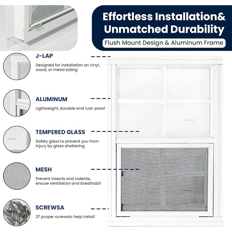 2 Pack Tempered Glass Shed Windows W/ Screen Aluminum Frame Ventilation & Light