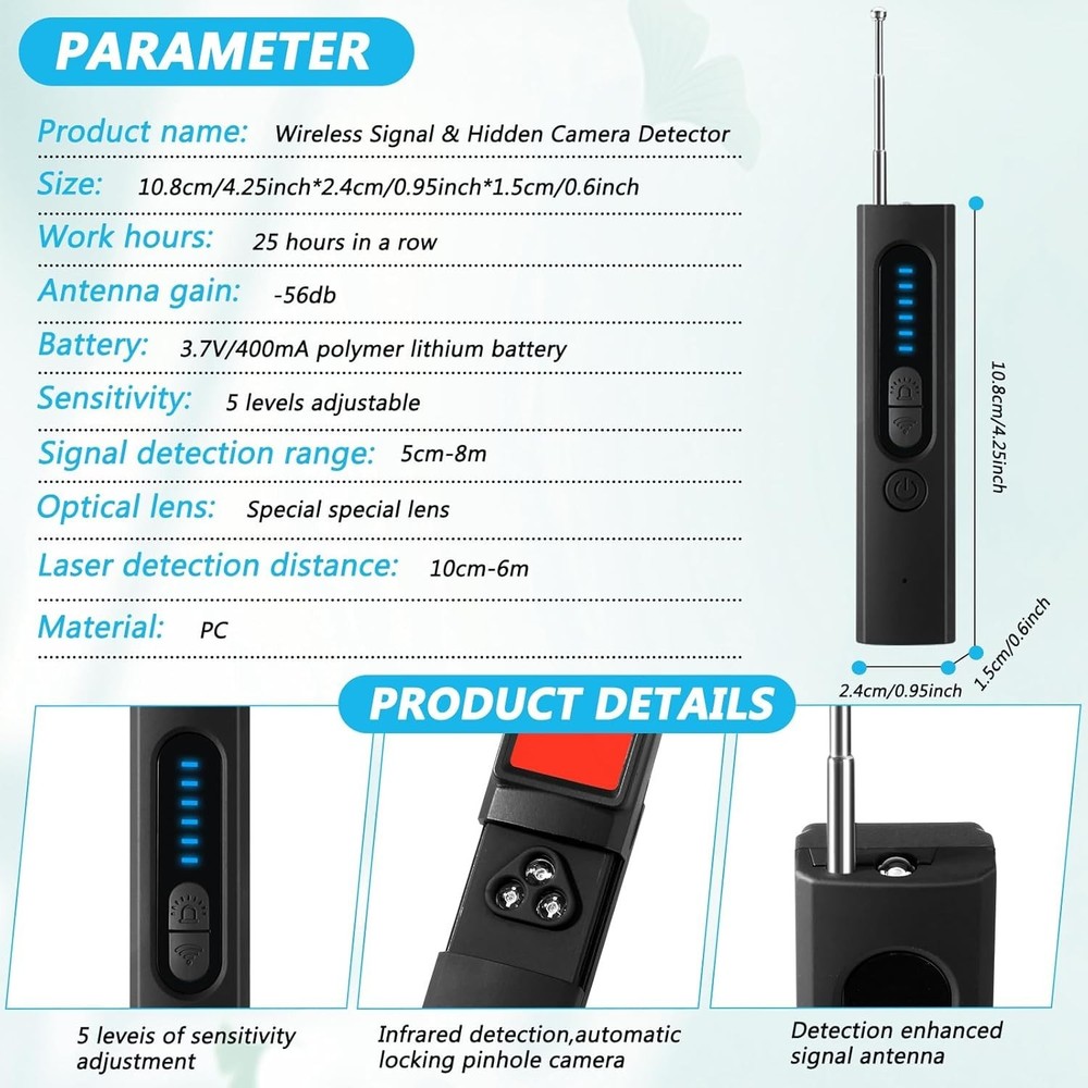 Hidden Camera & Bug Detector - Dual Function Anti-Spy Device, 30H Battery Life