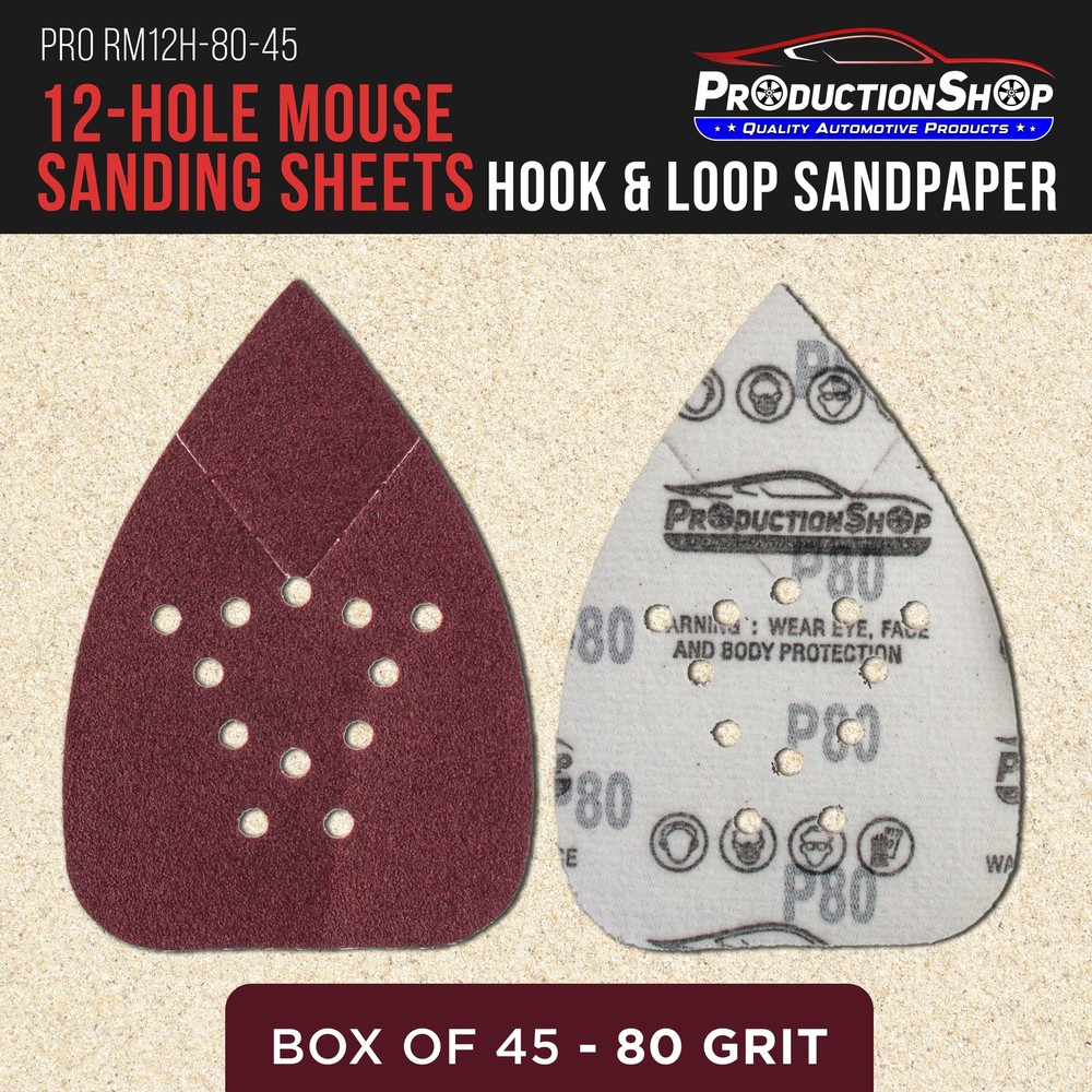 80 Grit 12-Hole Pattern Hook & Loop Mouse Sander Sandpaper Sheets, Box of 45