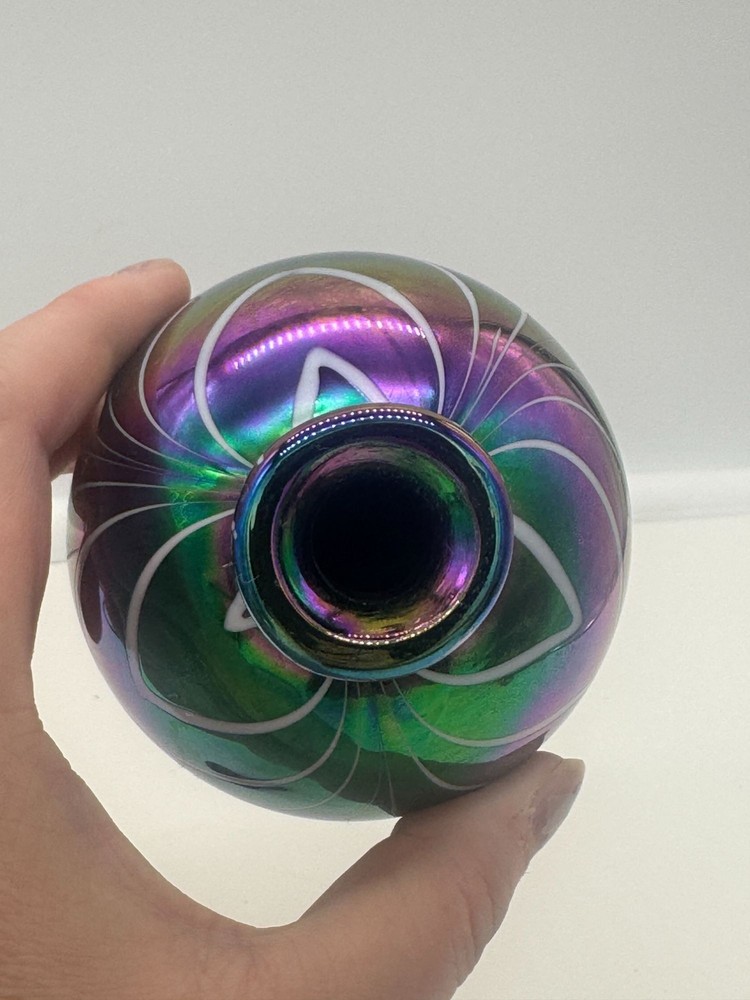 Iridescent Black Glass Perfume Bottle White Pulled Feather