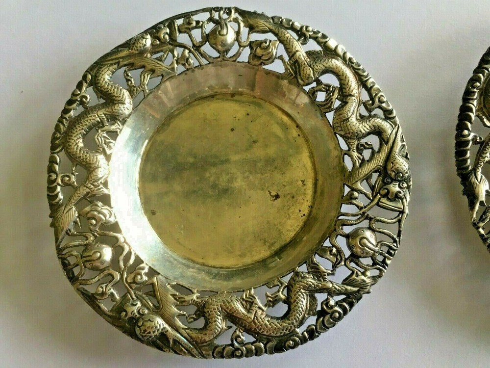 👍 1900s CHINA CHINESE SOLID SILVER DRAGON DISHES PLATES WITH HALLMARK 纯银