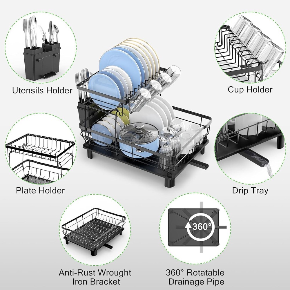 Dish Drying Rack, Space Saving & Durable Rust-Proof Large 2 Tier Stainless Steel