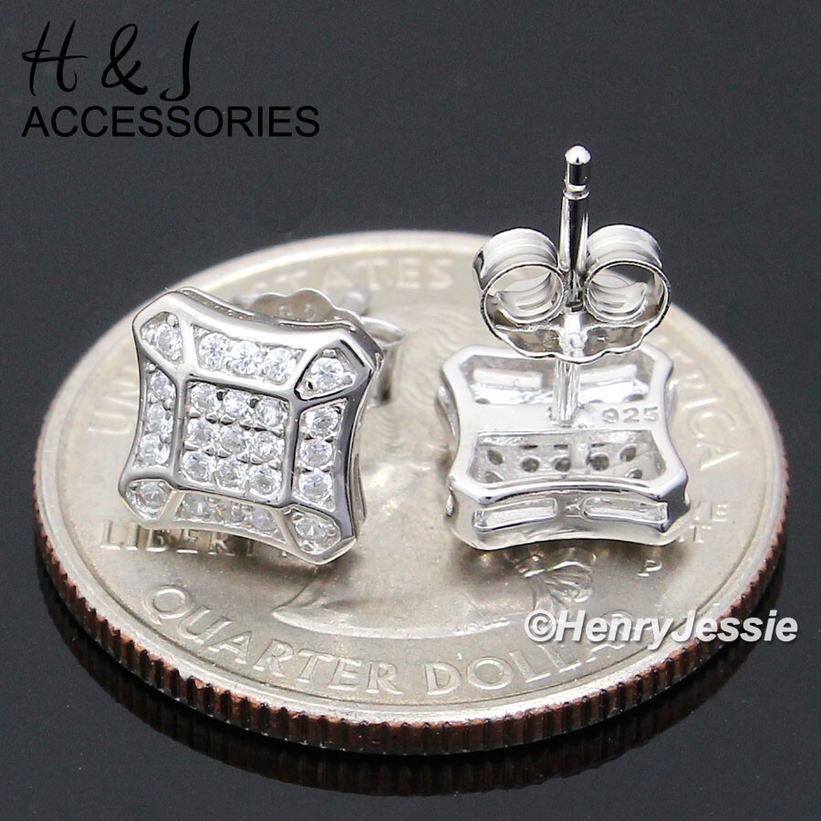 MEN 925 STERLING SILVER ICY BLING CZ 8MM 3D SQUARE PUSH BACK STUD EARRING*AE233