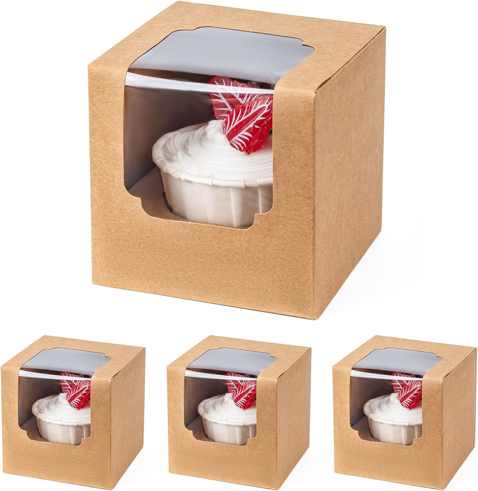 25 Pack Individual Cupcake Boxes 3.5” Clear Window w/ Insert