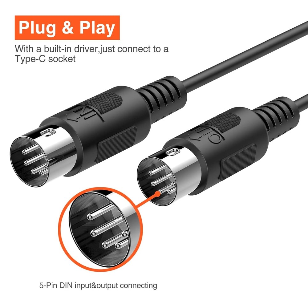MIDI Cable, MIDI to USB C, Type-C MIDI Interface with Input & Output Connecti...