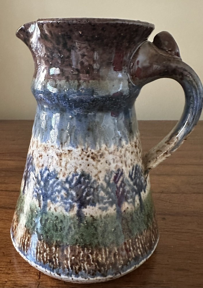 Glazed Ceramic Pitcher, Signed Sanders, 6” Tree Design