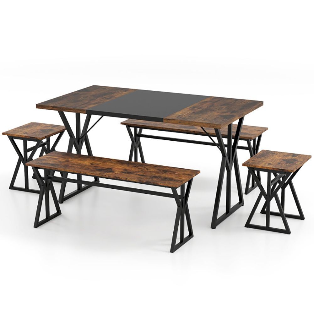 Space-Saving 5-Pc Industrial Dining Set: Table, Benches, Stools