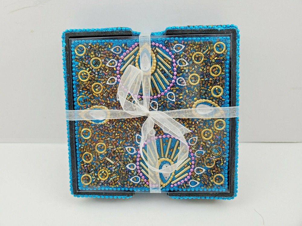Boho Style Teal Coasters NIB Peacock Design