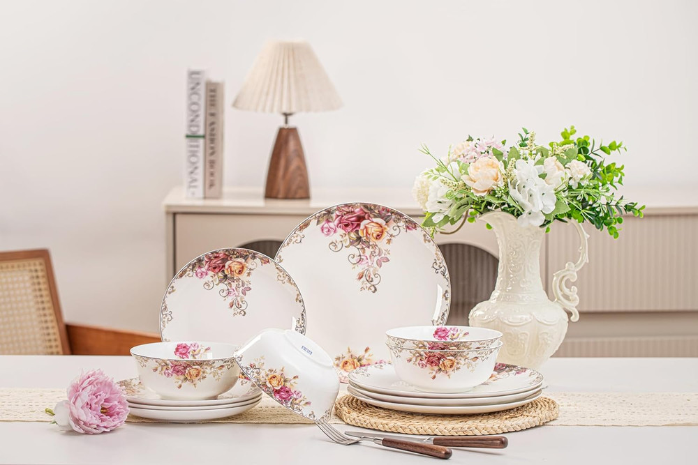 Dinnerware Sets, Plates Set, with Bowls, Artistic 12-Piece Ceramic Dinnerware, f