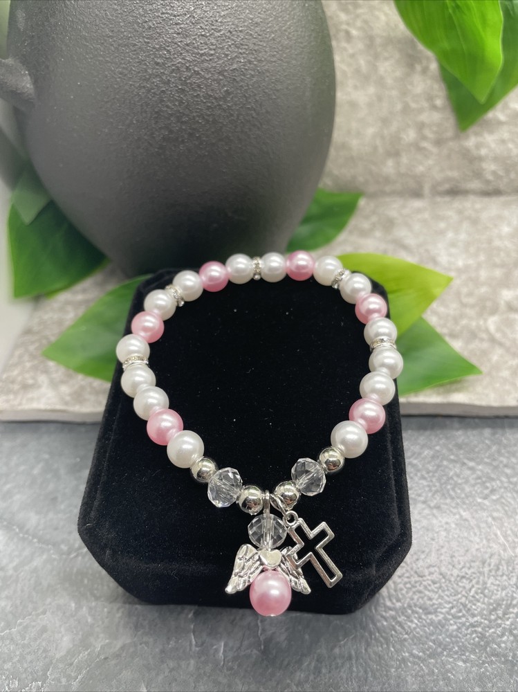 Handmade Beaded Stackable 6.5" Plus Stretch Bracelet New Angel Cross A1612