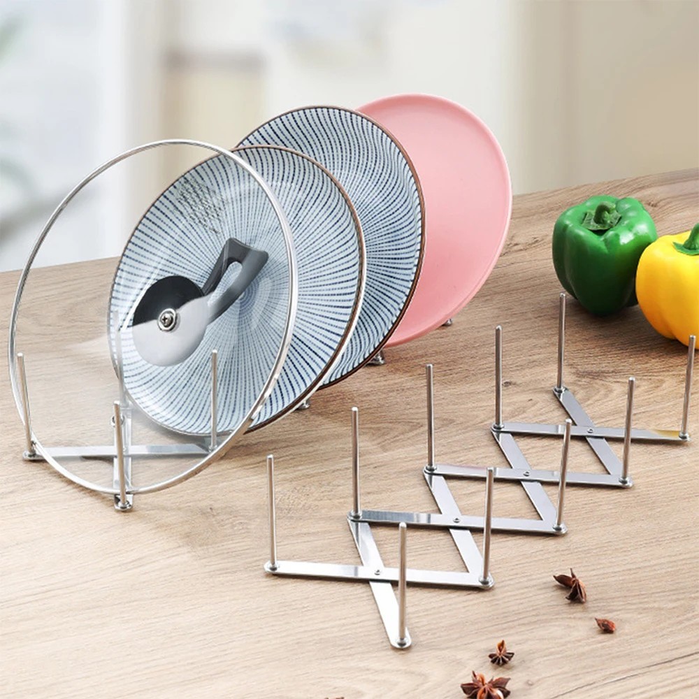 RETRACTABLE POT LID & DISH RACK – STAINLESS STEEL FOLDABLE PAN LID ORGANIZER KIT