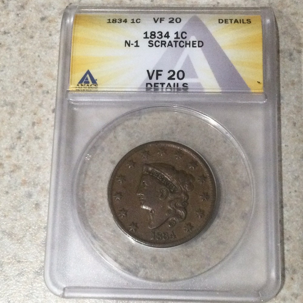 1834 Large cent, N-1, Double Profile, ANACS VF20 Details