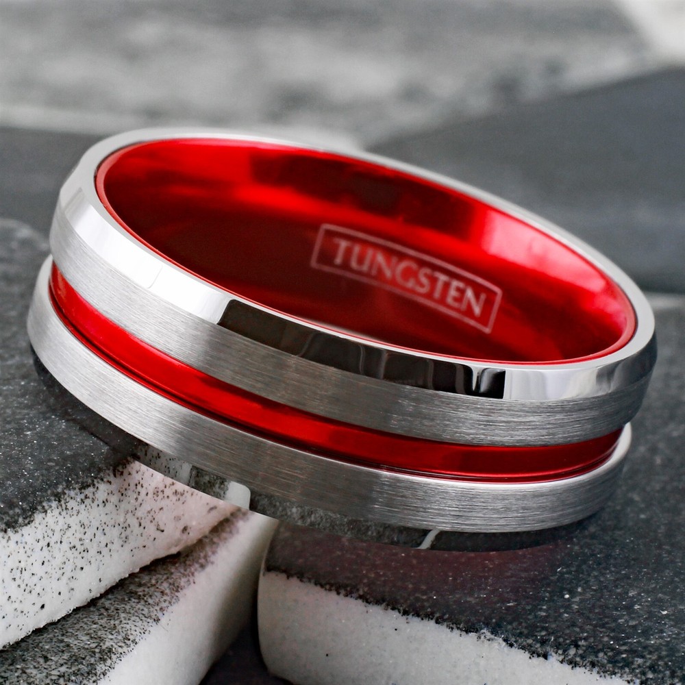 Tungsten Brushed Silver Thin Red Line Band Ring Firefighter First Responder