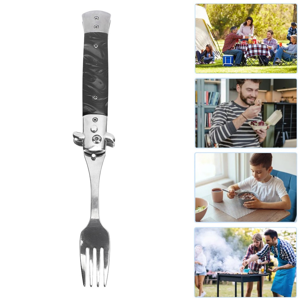 Black Folding Spring Camping Fork One Button Flick 304 Stainless Steel WT