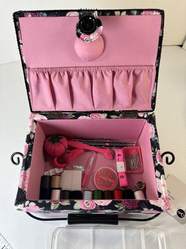 Sewing Basket Handle Tray Button Snap Close Padded Fabric Outer w/accessories.