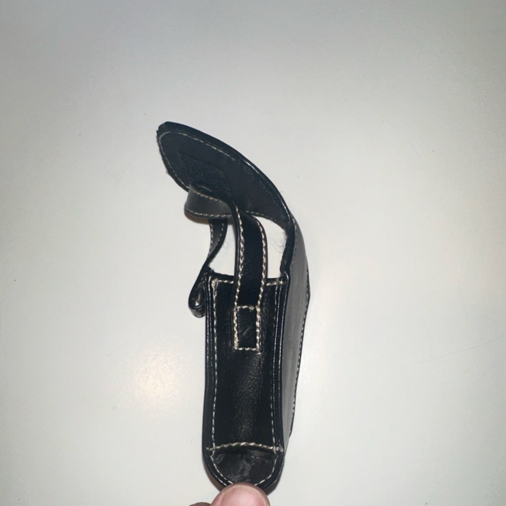 Black Leather Compact Camera Case with Accessory Compartments and Strap