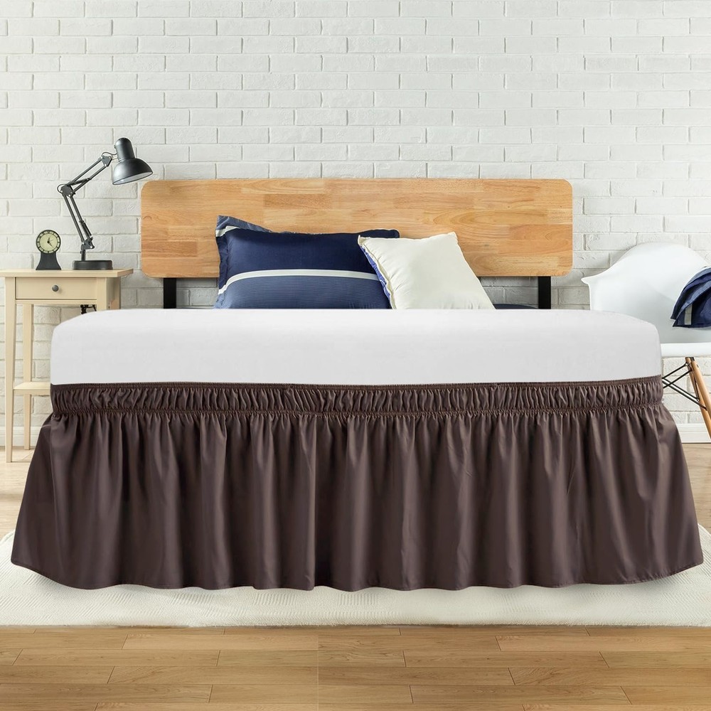 ANARACHON King Bed Skirt, Elastic Wrap Around 14" Drop, Solid Brown