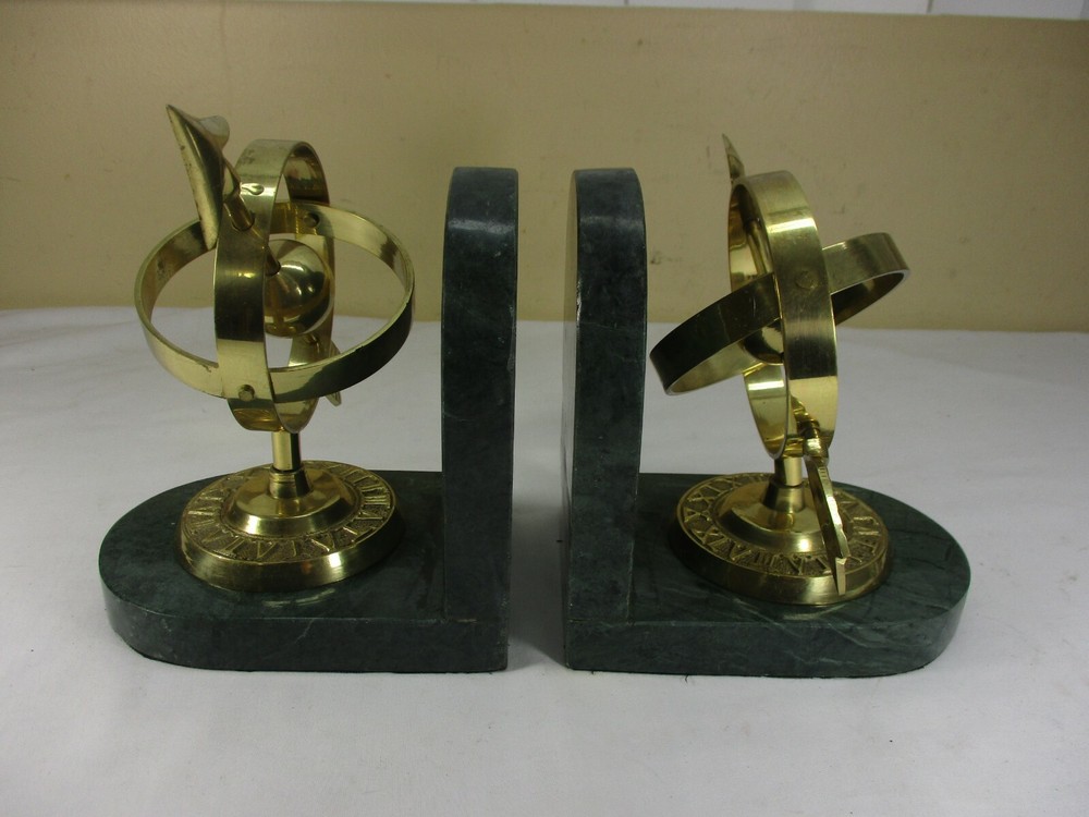 Vintage Ornate Solid Brass Armillary Sundial Arrow Marble Bookends